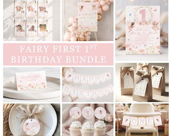 Fairy First Birthday Invitation Bundle, Fairy 1st Birthday Banner, Girl 1st Birthday Decor, Garden Fairy Birthday, Canva Template E02
