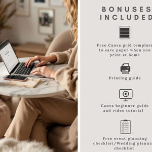 May include: A person working on a laptop at a round marble table. A phone, glasses, and a small cup are also on the table. The text "BONUSES INCLUDED" is visible, along with a list of included items.