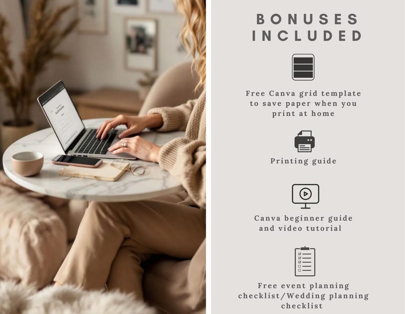 May include: A person working on a laptop at a round marble table. A phone, glasses, and a small cup are also on the table. The text "BONUSES INCLUDED" is visible, along with a list of included items.