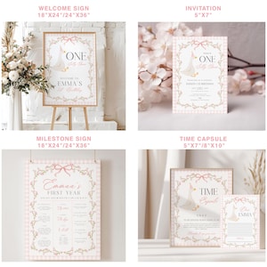 May include: A collection of party stationery with a pink and white gingham pattern. Includes a welcome sign (18"x24"/24"x36"), invitation (5"x7"), milestone sign (18"x24"/24"x36"), and time capsule (5"x7"/8"x10"). Each piece features floral and bow accents.