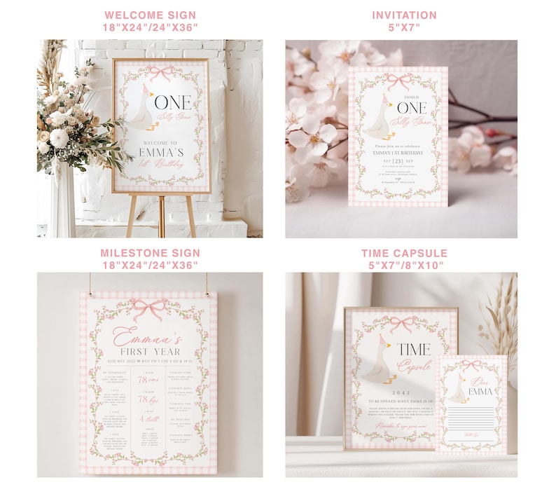 May include: A collection of party stationery with a pink and white gingham pattern. Includes a welcome sign (18"x24"/24"x36"), invitation (5"x7"), milestone sign (18"x24"/24"x36"), and time capsule (5"x7"/8"x10"). Each piece features floral and bow accents.