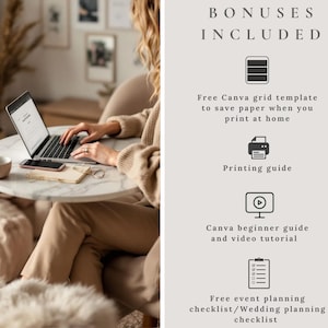 May include: A person using a laptop at a round marble table, with a coffee cup and phone. The image includes text: "BONUSES INCLUDED" and "Free Canva grid template", "Printing guide", "Canva beginner guide and video tutorial", and "Free event planning checklist/Wedding planning checklist".