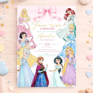 May include: A rectangular birthday invitation card featuring a large pink bow at the top and eight illustrated princesses. The text reads: Four-ever a princess, please join us to celebrate Amelia is turning 4, Sat 23 Sep, Newtown Country Club.