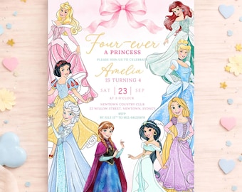 May include: A rectangular birthday invitation card featuring a large pink bow at the top and eight illustrated princesses. The text reads: Four-ever a princess, please join us to celebrate Amelia is turning 4, Sat 23 Sep, Newtown Country Club.