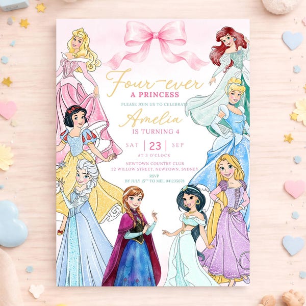 Four Ever a Princess Party Invitation Editable, Pink Bow Princess 4th Birthday, Digital Canva Template