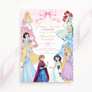 May include: A rectangular invitation card featuring a large pink bow at the top and illustrations of eight princesses. The text reads: Four-ever A PRINCESS, PLEASE JOIN US TO CELEBRATE Amelia IS TURNING 4, SAT 23 SEP AT 2 O'CLOCK, NEWTOWN COUNTRY CLUB.