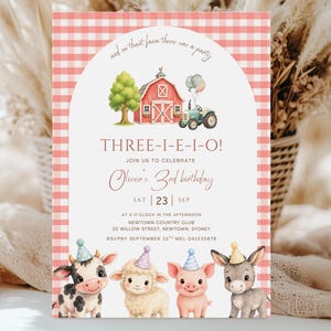 Three I E I O Birthday Invitation, Editable Boy 3rd Birthday Farm Invite, Barnyard Birthday, Farm Red Birthday Party, Tractor Party