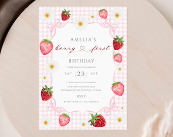 Invitación de primer cumpleaños de bayas, invitación editable para niña de primer cumpleaños, plantilla imprimible de invitación de primer cumpleaños de fresa para niña