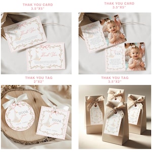 May include: Pink and white baby shower thank you cards and tags. The cards are 3.5" x 5" and feature a goose illustration and the words "Thank You". The tags are 2" x 2" and 3.5" x 2" and have the same design. Some cards include a photo.