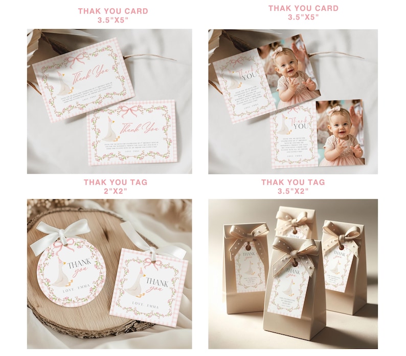 May include: Pink and white baby shower thank you cards and tags. The cards are 3.5" x 5" and feature a goose illustration and the words "Thank You". The tags are 2" x 2" and 3.5" x 2" and have the same design. Some cards include a photo.