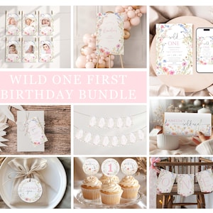 Wildflower 1st Birthday Invitation Template, Editable Wild One Birthday Girl Bundle, Floral First Birthday Party, Canva Template