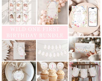 Wildflower 1st Birthday Invitation Template, Editable Wild One Birthday Girl Bundle, Floral First Birthday Party, Canva Template