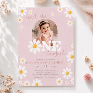 Daisy Birthday Invitation, Onederful Daisy 1st Birthday Invite, 1st Birthday Girl, Boho Daisy Invitation, Isn't She Onederful Pink Daisies