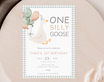 One Silly Goose First Birthday Invitation, Goose 1st Birthday, Editable Template, Goose Party Invitation, Boy first Birthday Green Invite