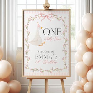 One Silly Goose First Birthday Welcome Sign, Elegant Floral Bow Theme Editable Template, Pink Gingham Goose Party Welcome Girl 1st Birthday