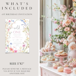 May include: A floral-themed 1st birthday invitation with the words "wild one" in a delicate script. The invitation is 5"x7" and features a watercolor design with pink, blue, and yellow flowers. The image also includes a display of cupcakes and macarons.