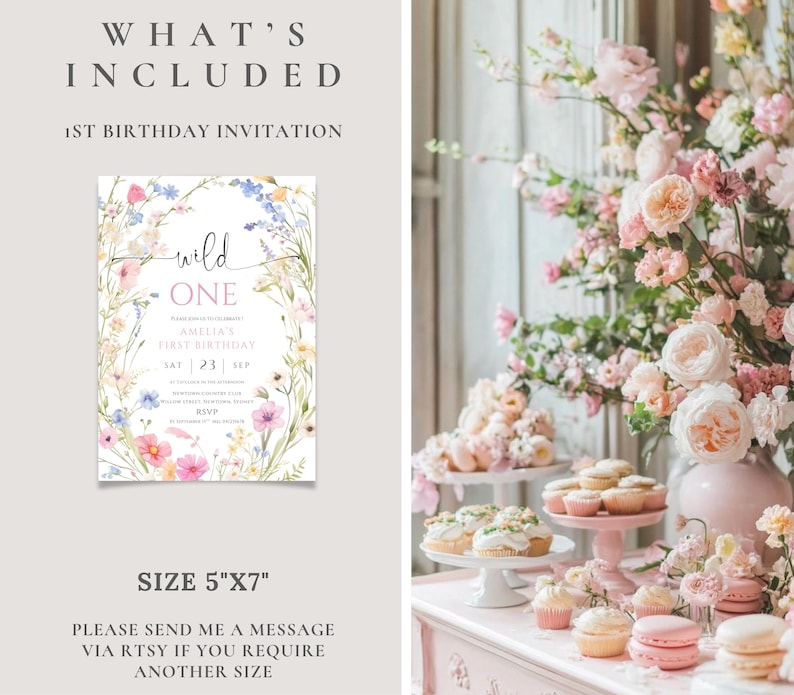 May include: A floral-themed 1st birthday invitation with the words "wild one" in a delicate script. The invitation is 5"x7" and features a watercolor design with pink, blue, and yellow flowers. The image also includes a display of cupcakes and macarons.