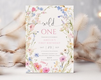 Wildflower 1st Birthday Invitation Template, Editable Wild One Birthday Girl Digital Invitation, Floral First Birthday Party, Canva E04