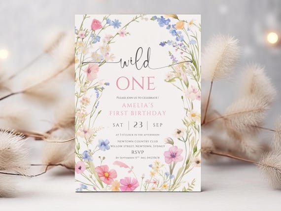 Wildflower 1st Birthday Invitation Template, Editable Wild One Birthday Girl Digital Invitation, Floral First Birthday Party, Canva E04