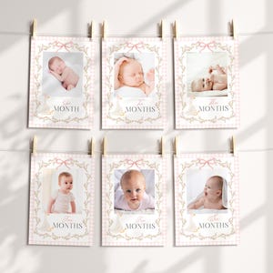 May include: Six baby milestone photo cards hanging on a string. Each card features a baby photo framed with a floral design and the word "MONTHS". The background is a pink and white gingham pattern, with a pink bow at the top.