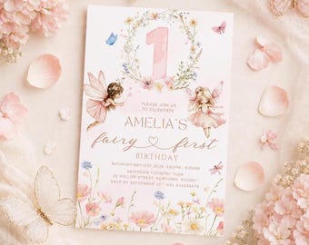 Fairy First Birthday Invitation Girl, Fairy 1st Birthday Invite, Girl 1st Birthday Invitation, Garden Fairy Birthday, Canva Template E02