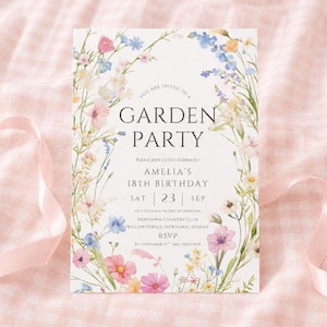 Watercolor Wildflower Garden Party Invitation, Floral Birthday Invite, Brunch invitation, Canva Template (Digital Download)