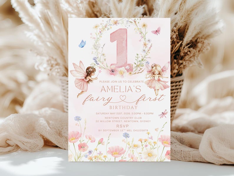 May include: A pink and white invitation for Amelia's first birthday. The design features a large number one, floral accents, and illustrations of fairies. The text reads "Please join us to celebrate Amelia's fairy first birthday."
