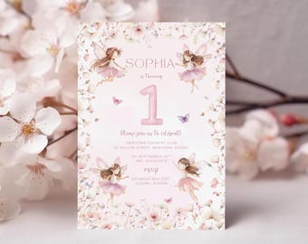 Fairy First Birthday Invitation Girl, Fairy 1st Birthday Invite, Girl 1st Birthday Invitation, Garden Fairy Birthday, Canva Template E02