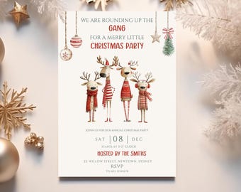 May include: Christmas party invitation featuring four reindeer wearing festive attire. The invitation reads "We are rounding up the gang for a merry little Christmas party." Details include date, time, and host information. Decorative elements include ornaments and a Christmas tree.