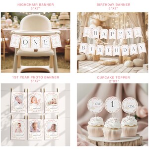 May include: A collection of party decorations, including a highchair banner, birthday banner, photo banner, and cupcake toppers. The banners feature the text "ONE" and "HAPPY BIRTHDAY". The cupcake toppers are on top of cupcakes.