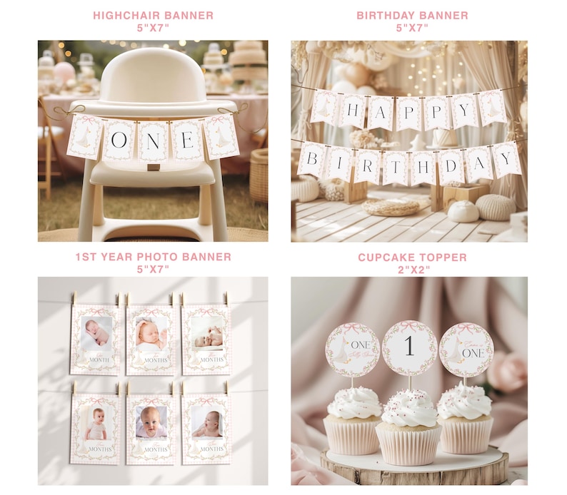 May include: A collection of party decorations, including a highchair banner, birthday banner, photo banner, and cupcake toppers. The banners feature the text "ONE" and "HAPPY BIRTHDAY". The cupcake toppers are on top of cupcakes.