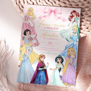 May include: A rectangular birthday invitation card featuring a pink bow at the top and illustrations of eight princesses. The text reads Four-ever A PRINCESS, Amelia IS TURNING 4, SAT 23 SEP AT 2 O'CLOCK, NEWTOWN COUNTRY CLUB 22 WILLOW STREET, NEWTOWN, SYDNEY, RSVP BY JULY 15TH TO MEL 04122345678.