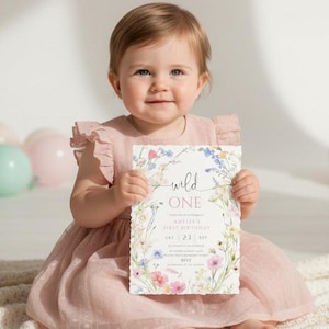 Wildflower 1st Birthday Invitation Template, Editable Wild One Birthday Girl Digital Invitation, Floral First Birthday Party, Canva E04 image 2
