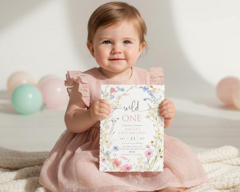 Wildflower 1st Birthday Invitation Template, Editable Wild One Birthday Girl Digital Invitation, Floral First Birthday Party, Canva E04 image 2