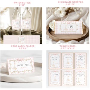 May include: A collection of party supplies with a pink gingham theme. Includes water bottle labels (2"x8"), a chocolate wrapper (5.25"x6"), folded food labels (3.5"x4"), and table signs (5"x7"/8"x10"). Each item features a floral design and the word "ONE".