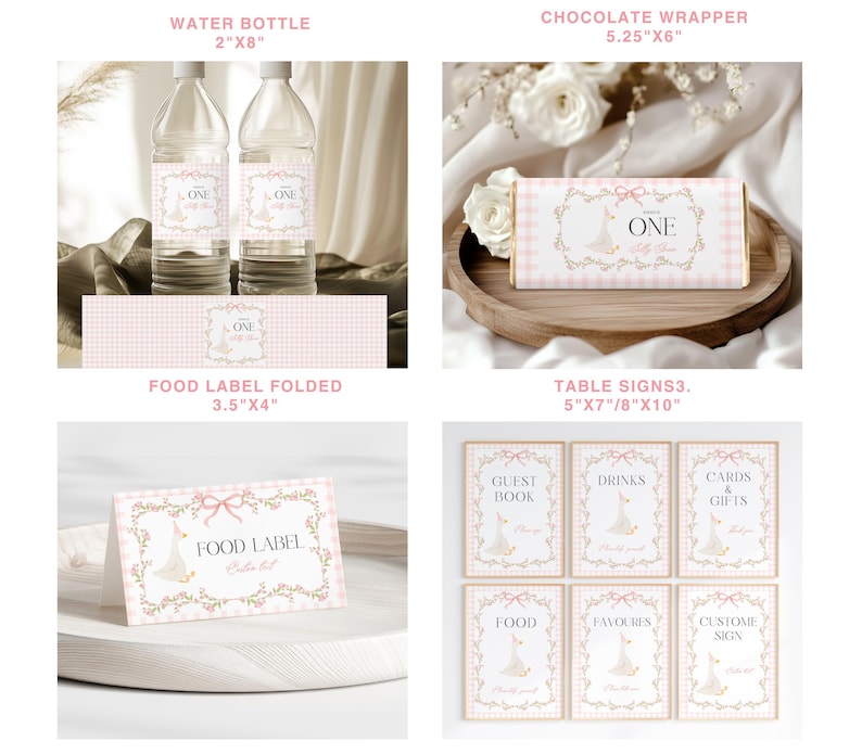 May include: A collection of party supplies with a pink gingham theme. Includes water bottle labels (2"x8"), a chocolate wrapper (5.25"x6"), folded food labels (3.5"x4"), and table signs (5"x7"/8"x10"). Each item features a floral design and the word "ONE".