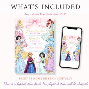 May include: A 5"x7" digital invitation template featuring watercolor illustrations of various princesses, a pink bow, and gold text that reads Four-ever A PRINCESS, Amelia IS TURNING 4, SAT 23 SEP, DOWNTOWN COUNTRY CLUB, 123 WILLOW STREET, SYDNEY, 2000.