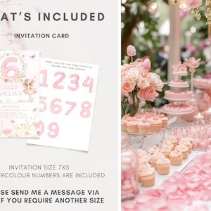 May include: A pink invitation card with the text "Amelia's fairy sixth birthday" and watercolor numbers 0-9. The invitation is 7x5 inches. The image also shows a table decorated with pink flowers, cupcakes, and a cake.
