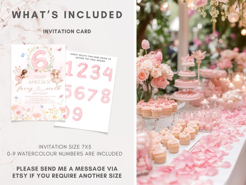 May include: A pink invitation card with the text "Amelia's fairy sixth birthday" and watercolor numbers 0-9. The invitation is 7x5 inches. The image also shows a table decorated with pink flowers, cupcakes, and a cake.