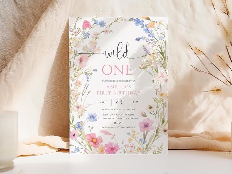 May include: A floral-themed invitation for a first birthday celebration. The text "wild ONE" is displayed in a delicate script, with the details of the event, including the date, time, and location, written below. The invitation is adorned with watercolor flowers.