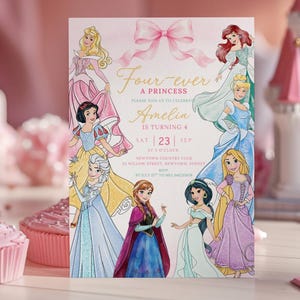 May include: A rectangular birthday invitation card featuring a pink bow at the top and illustrations of eight princesses. The text reads Four-ever A PRINCESS, PLEASE JOIN US TO CELEBRATE Amelia IS TURNING 4, SAT 23 SEP, AT 3 O'CLOCK, NEWTOWN COUNTRY CLUB.