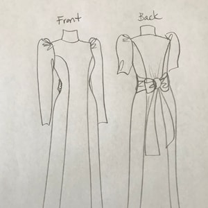 May include: A hand-drawn illustration of a dress with a high neck, long sleeves, and a fitted bodice. The dress has a flowing skirt and a bow at the back. The illustration shows the front and back views of the dress.