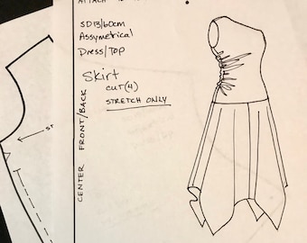 May include: A black and white line drawing of a dress pattern with instructions for cutting and sewing. The pattern is for a dress with a skirt that is longer in the back than the front. The text on the pattern says "SD13/60cm Assymetrical Dress/Top Skirt cut(4) STRETCH ONLY" and "SD13/60cm Assymetrical Dress/Top cut(2) Sleeve & Neck lining/facing".