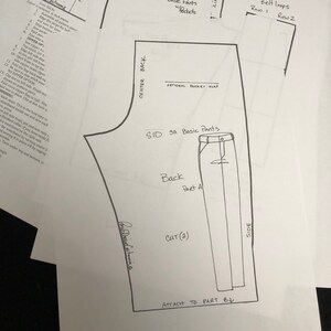 May include: A black and white sewing pattern for basic pants with pockets. The pattern includes instructions for adding a zipper, belt loops, and optional pocket flap. The pattern is labeled "SID 3A Basic Pants" and "Back Part A".