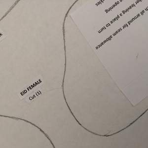 May include: A white paper pattern with a pencil drawing of a garment. The pattern is labeled "EID FEMALE" and "Cut (1)". The pattern also includes the words "back" and "matching marks".