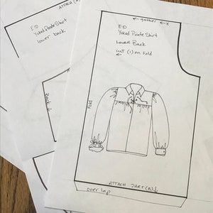 May include: A black and white line drawing of a shirt pattern with instructions for sewing a yoked pirate shirt. The instructions include "EID Yoked Pirate Shirt Lower Back Cut (1) on Fold" and "ATTACH PART (B)↓ over lap".