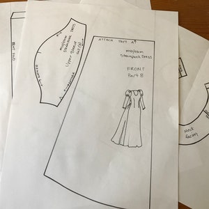May include: Four pieces of white paper with black ink drawings of a dress pattern. The pattern includes instructions for a steampunk dress, with measurements in centimeters. The pattern includes pieces for the front, back, upper sleeve, and neck facing.