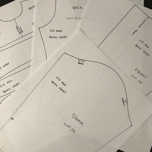 Könnte beinhalten: Ein Satz von vier Schnittmustern für ein einfaches Hemd. Die Schnittmuster sind mit "Rücken", "Vorderseite" und "Ärmel" beschriftet. Die Schnittmuster sind auf weißem Papier gedruckt.