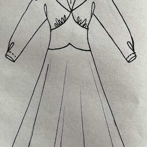 May include: A black and white line drawing of a dress with long sleeves and a flared skirt.