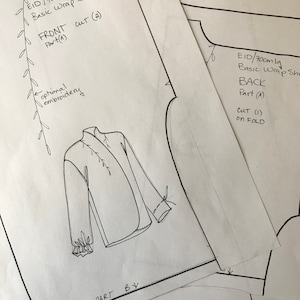 May include: A black and white line drawing of a wrap shirt pattern with instructions for cutting and attaching the pieces. The text on the pattern reads "EID/70cm lg Basic Wrap Shirt", "FRONT", "Part (A)", "CUT (2)", "optional embroidery", "ATTACH PART BY", "EID/70cm lg Basic Wrap Shirt", "BACK", "Part (A)", "CUT (1)", "on FOLD", and "EID 70 cm large Basic Wrap Shirt", "FRONT", "Part (B)".